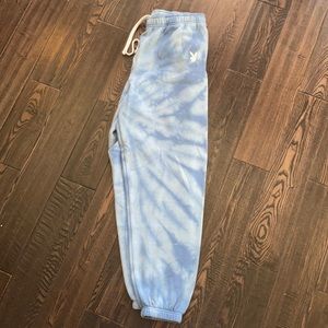 blue and white tie dye playboy sweats from pacsun!